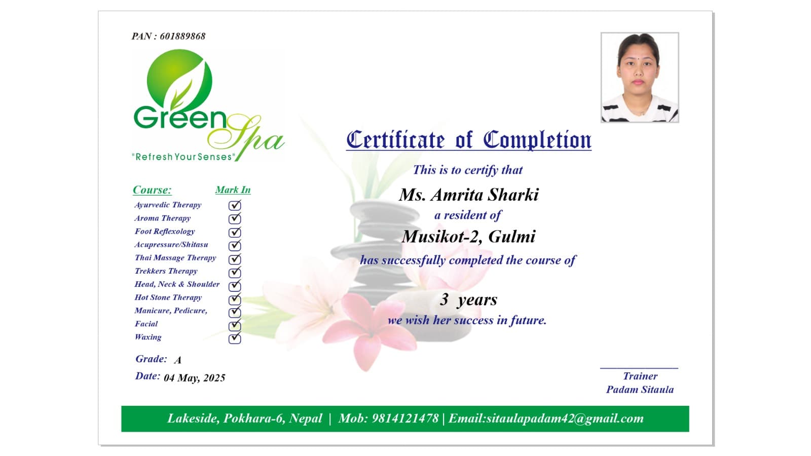 Green Spa training certificate of completion
